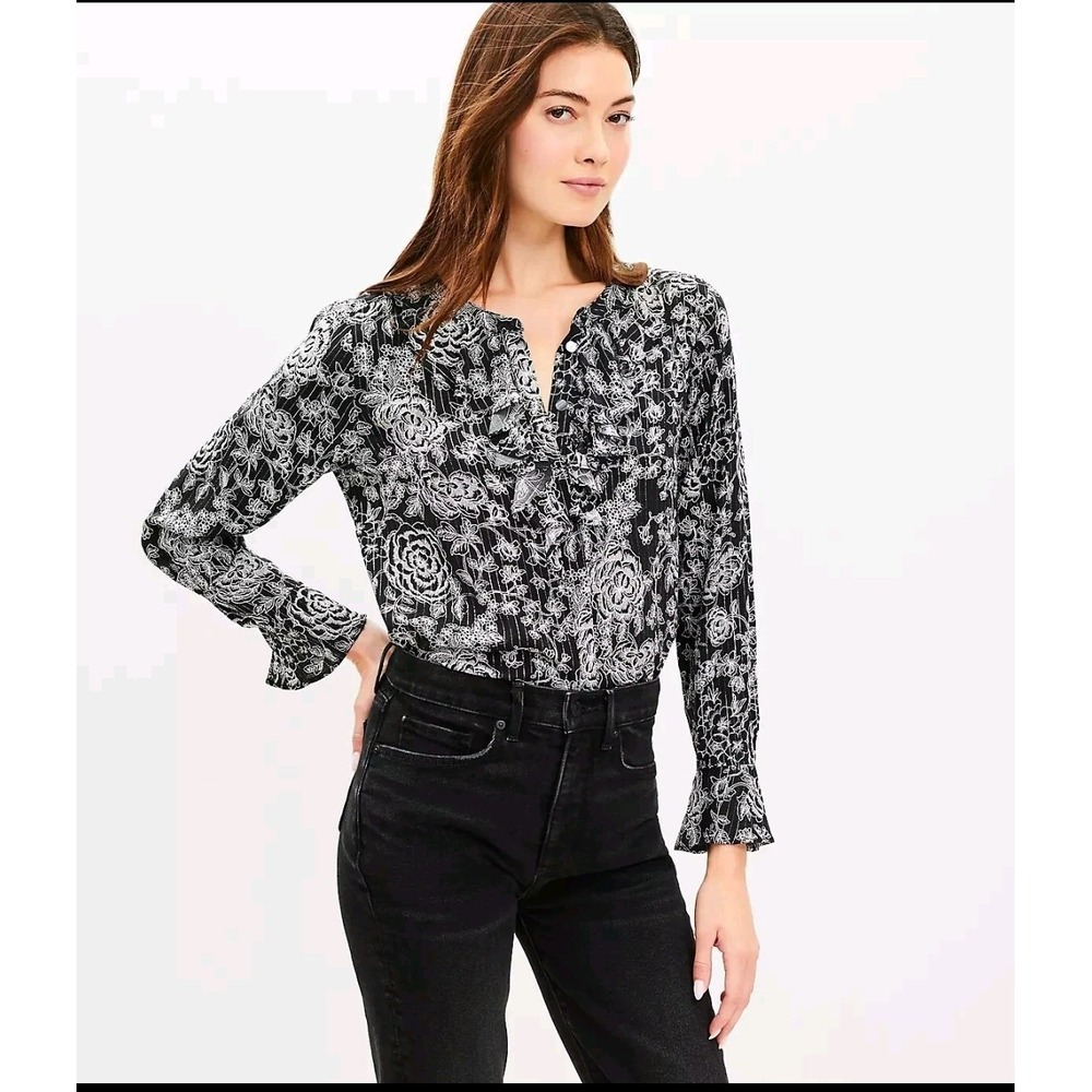 LOFT Shimmer Stripe Floral Ruffle Long Sleeve Button Front Blouse Size XL